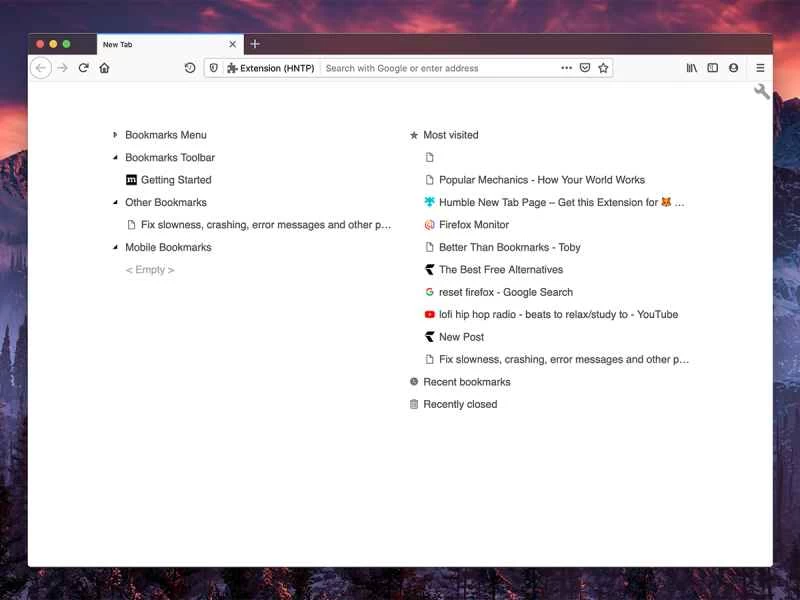 這是Google瀏覽器中 Humble New Tab Page 擴充功能的螢幕截圖。