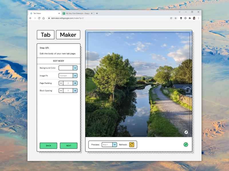 這是Google新推出的 Tab Maker 擴充功能的介面，用於自訂 Chrome 瀏覽器中的新分頁。