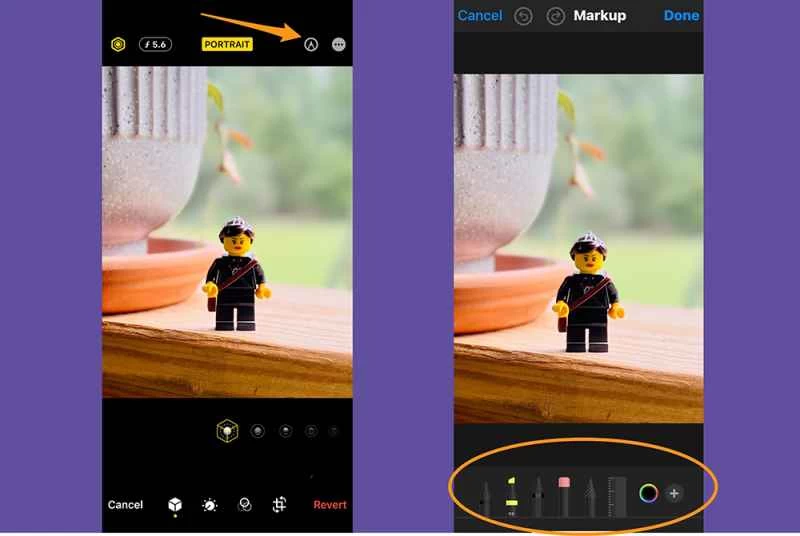 iPhone 照片應用程式處於編輯模式,顯示在照片上書寫或繪畫的選項。