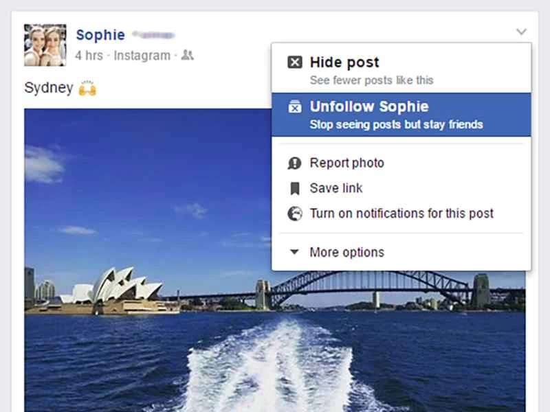 在 Facebook 上取消追蹤好友的選項。