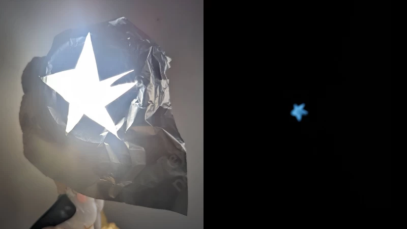 圖中展示了帶有濾光片的 LED 燈影像，旁邊是針孔相機內部的影像。