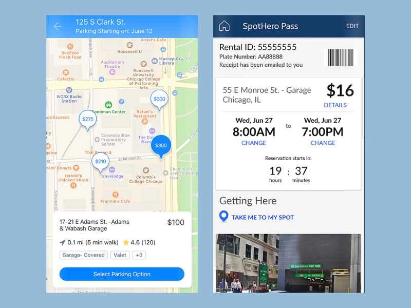 SpotHero應用程式介面，顯示停車位和價格