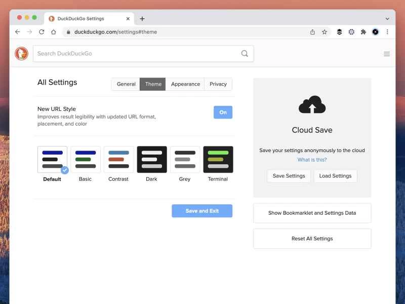 DuckDuckGo搜尋引擎的自訂選項。
