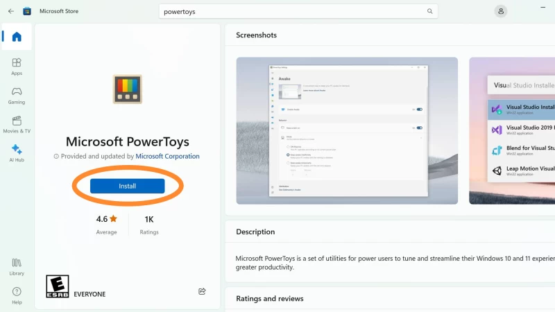 Windows 應用程式商店顯示 Windows Powertoys 應用程式。