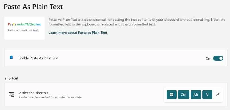 微軟 PowerToys 的「貼為純文字」介面。