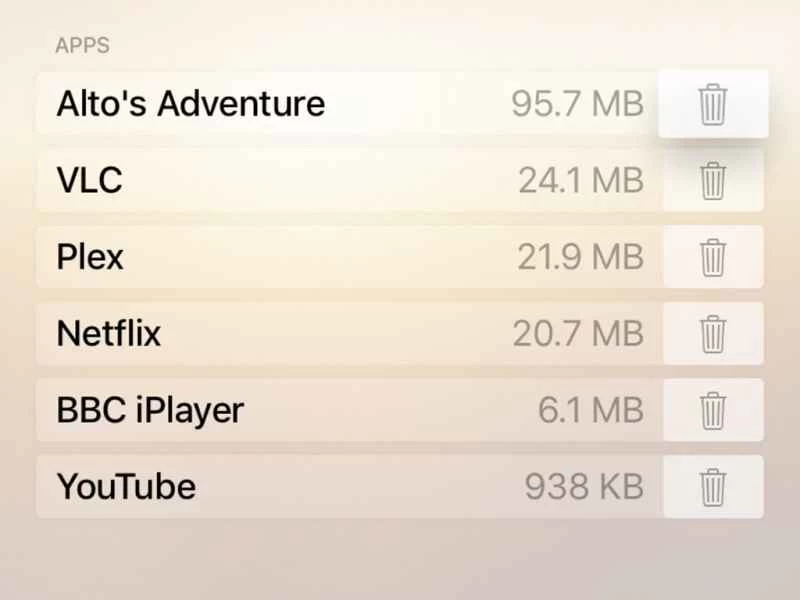 用於查看 Apple TV 上應用程式佔用空間大小的介面，每個應用程式旁邊都有一個垃圾桶圖標，方便快速刪除。