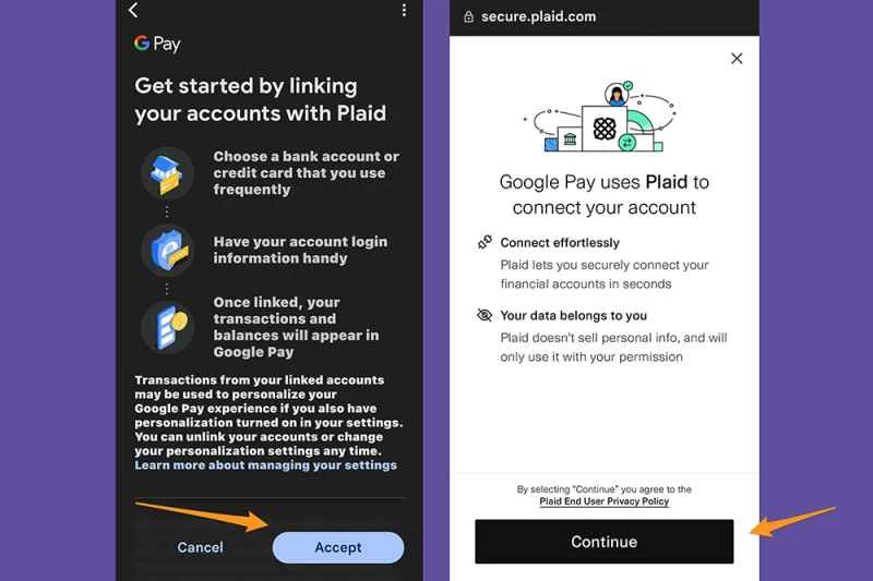 Google Pay 應用程式顯示了 Plaid 的條款和條件