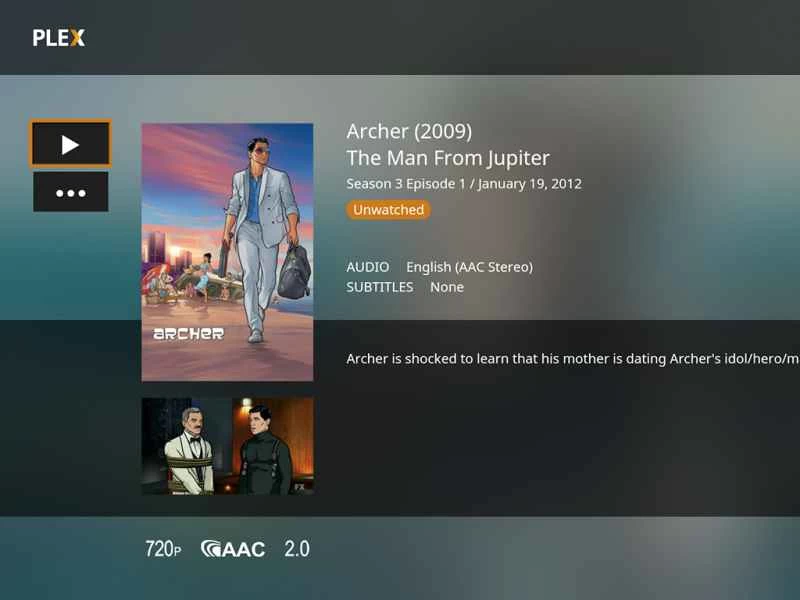 Plex 介面，顯示《Archer：來自木星的人》。