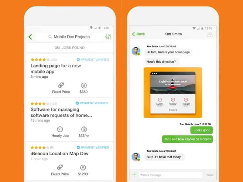 手機上的 Upwork 應用程式介面。