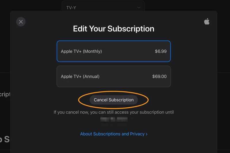 瀏覽器中的 Apple TV+ 應用程式，顯示如何取消您的 Apple TV+ 訂閱。