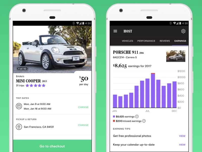 Turo應用程式介面截圖，包括一輛迷你庫柏和一輛保時捷911，以及一些資金圖表。