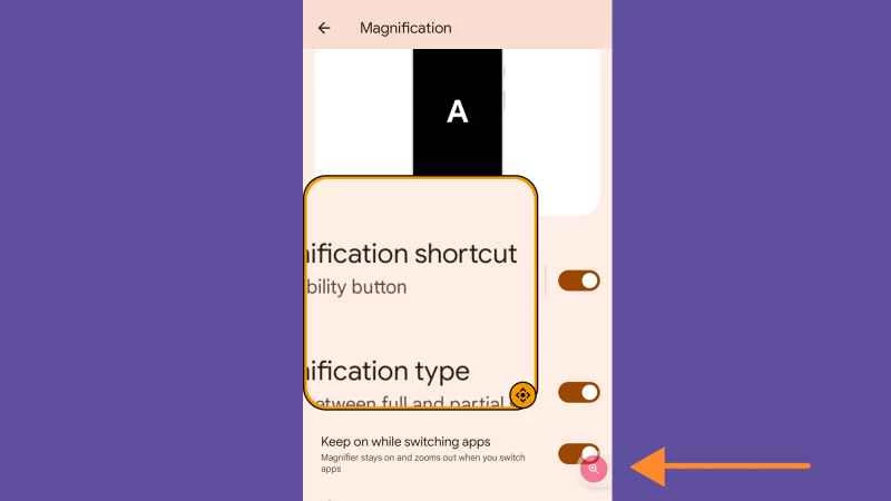 Android 設定應用，展示了放大工具的工作原理以及如何啟用它。