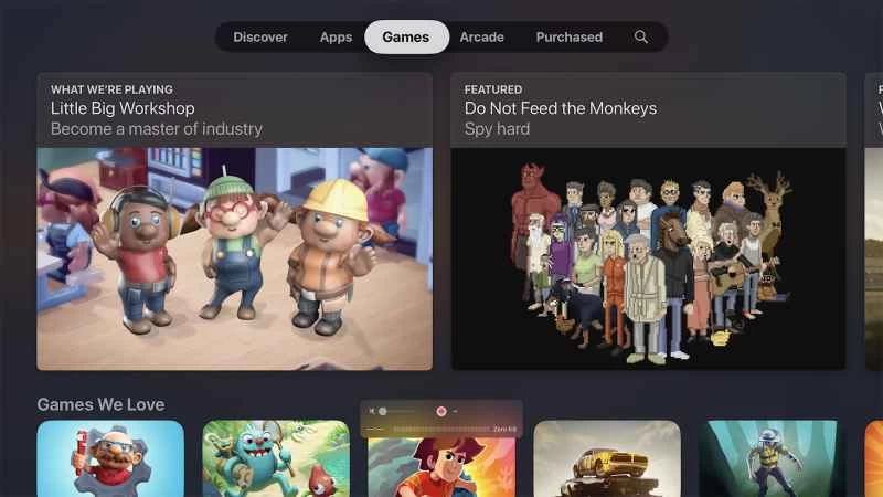 Apple TV 4K 遊戲選單，顯示部分可玩遊戲。