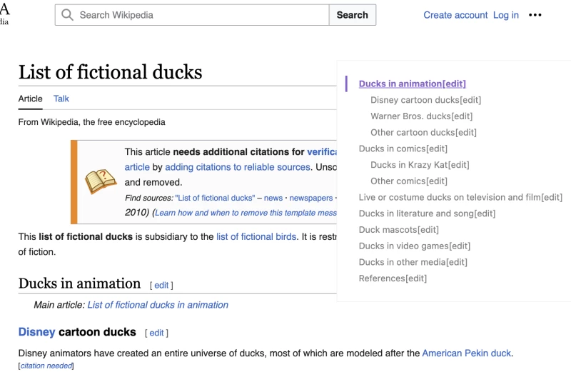 維基百科上關於虛構鴨子的列表頁面，顯示了由 Simple Outliner 瀏覽器擴充功能創建的目錄。