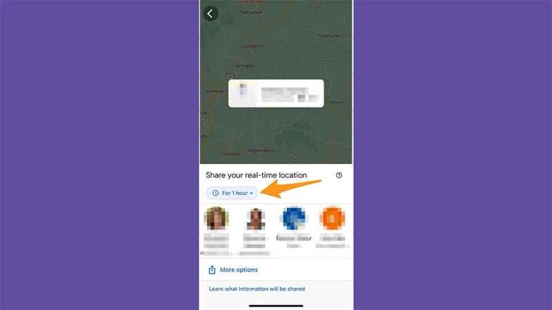 若要在 Android 裝置上限時分享您的位置，請在「分享您的即時位置」下選擇時間限制。