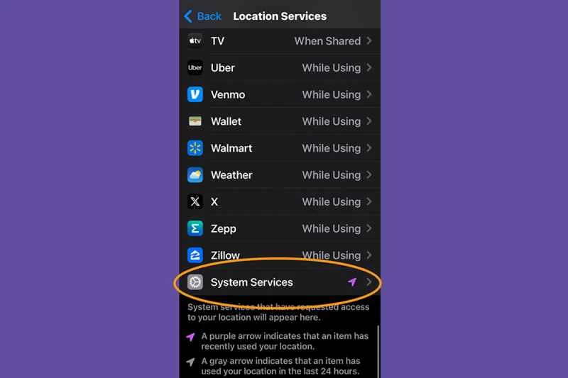 iPhone 定位服務設置，顯示系統服務的位置。