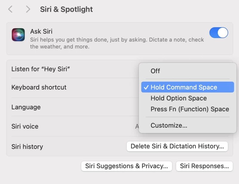 macOS Siri 設定選單顯示如何停用音訊回饋