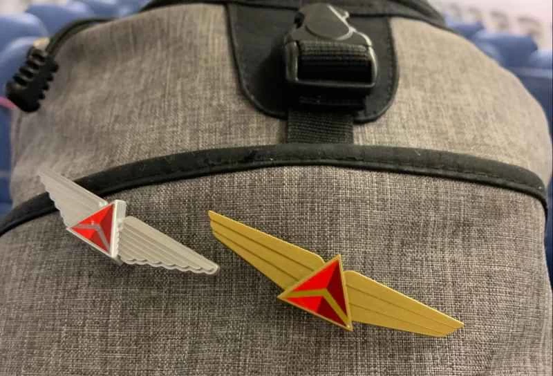 一個灰色背包，上面別著兩個航空公司紀念「翅膀」徽章。兩個徽章都來自達美航空；一個是銀色的，一個是金色的。