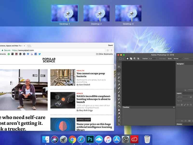 蘋果電腦上 macOS 任務控制介面的樣子。