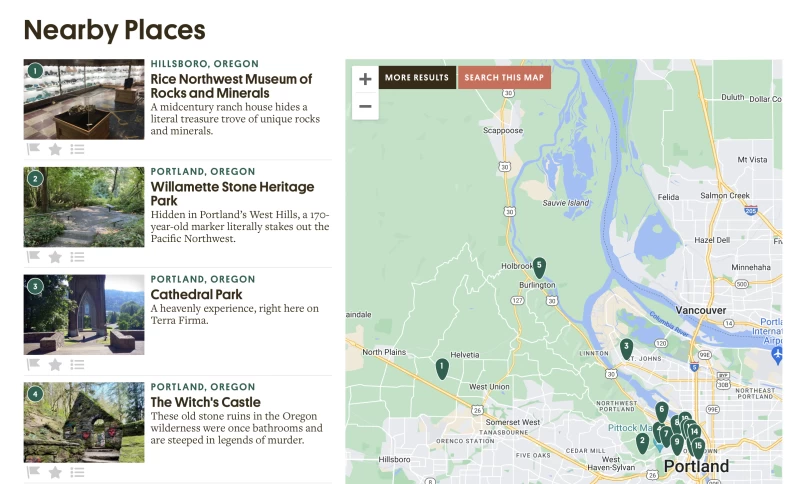 Atlas Obscura 網站的螢幕截圖，顯示了俄勒岡州的地點清單以及標明這些地點位置的地圖。