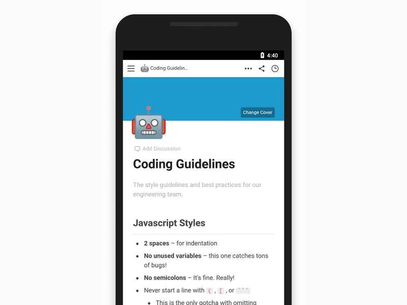 手機上協作應用 Notion 的螢幕截圖