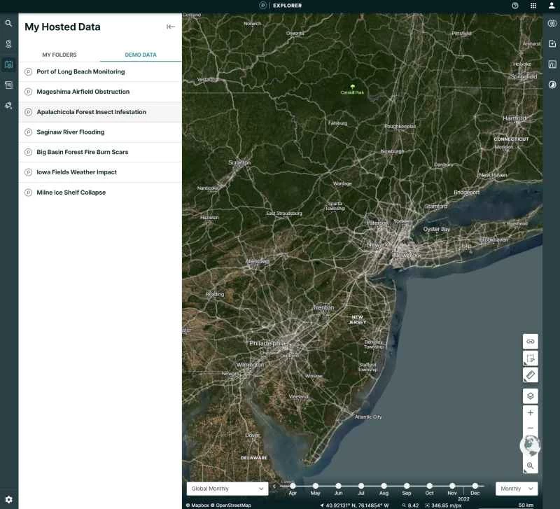 Planet Explorer 使用者介面，適用於管理「我的託管資料」功能的客戶。