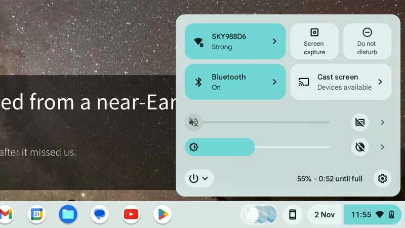 螢幕截圖顯示了 ChromeOS 的快速設定面板，其中可以看到螢幕截圖選項。