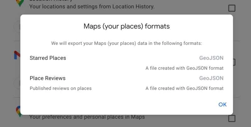 透過 Google Takeout 工具匯出 Google 地圖資料的文件格式選項。