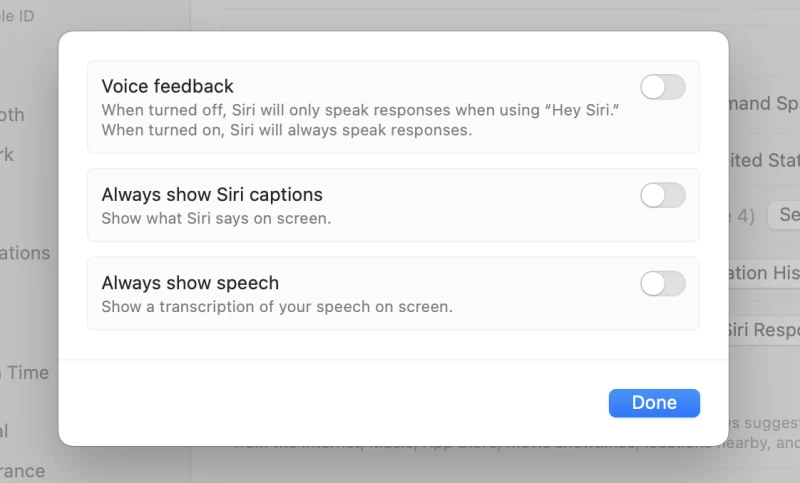 MacOS 上的 Siri 設定選單，顯示如何停用數位助理的音訊回饋。