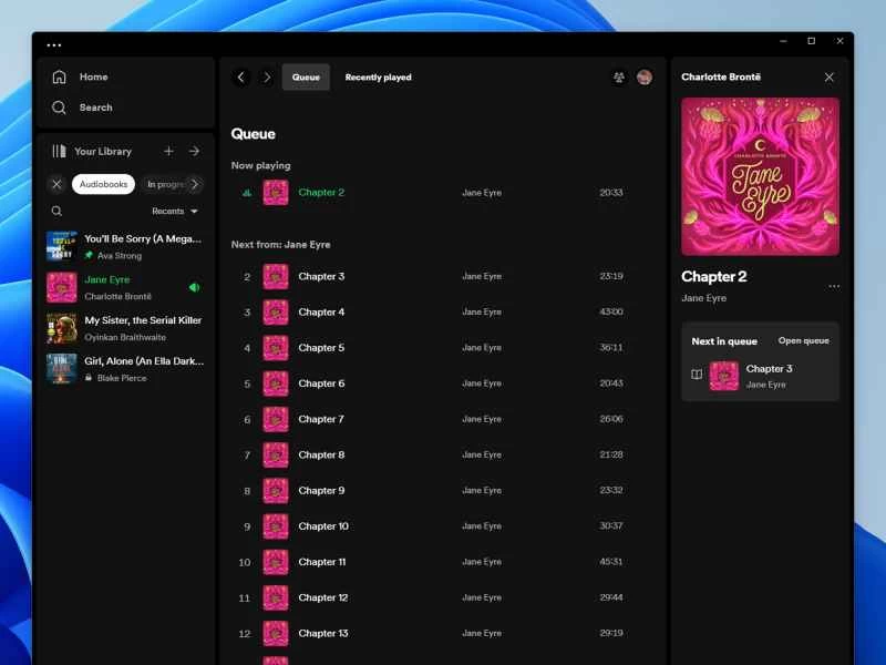 在桌面應用程式中收聽 Spotify 有聲書時的介面。