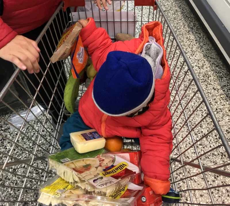 購物車裡的孩子，周圍是各種食品雜貨