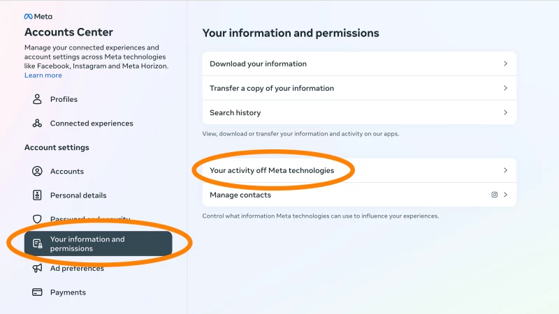 Instagram 上 Meta 的帳戶中心選單
