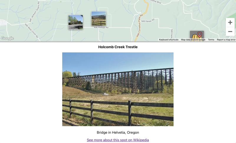 whats-near.me 網站的截圖，顯示了一張地圖和一座橫跨草地的木橋。