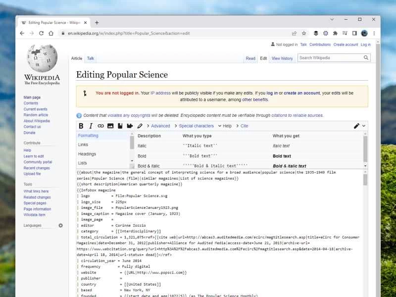 維基百科的編輯介面，顯示的是一篇關於《大眾科學》雜誌的文章。
