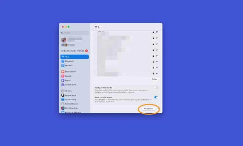 macOS WiFi 設置，顯示進階 WiFi 設定的位置。