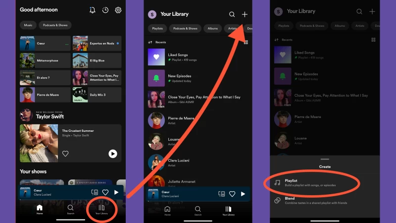 應用程式內選單顯示如何在 Spotify 上建立播放清單的步驟。