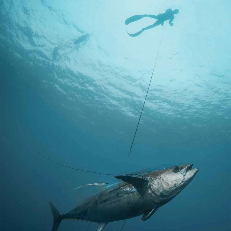 一名魚叉捕魚者用魚線將鮪魚拉到水面。