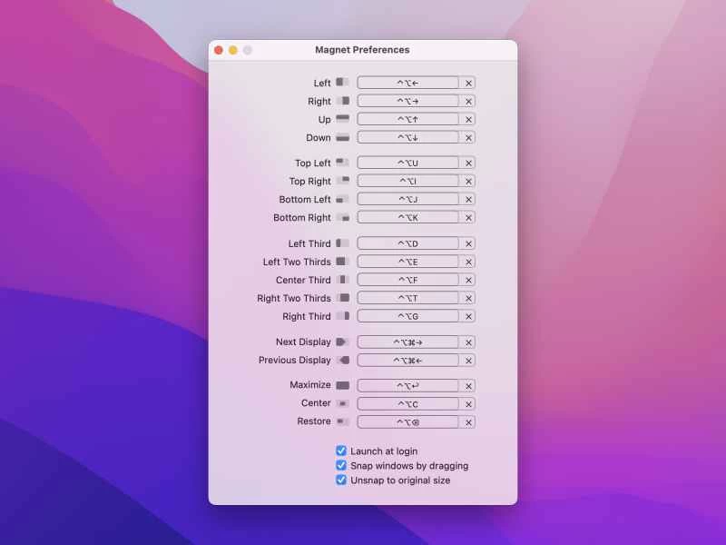 在 macOS 上使用 Magnet 整理開啟的程式視窗並將其貼靠到螢幕不同位置的選項。