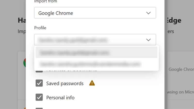 用於將特定 Chrome 會話中的書籤和資料匯入 Microsoft Edge 的選單