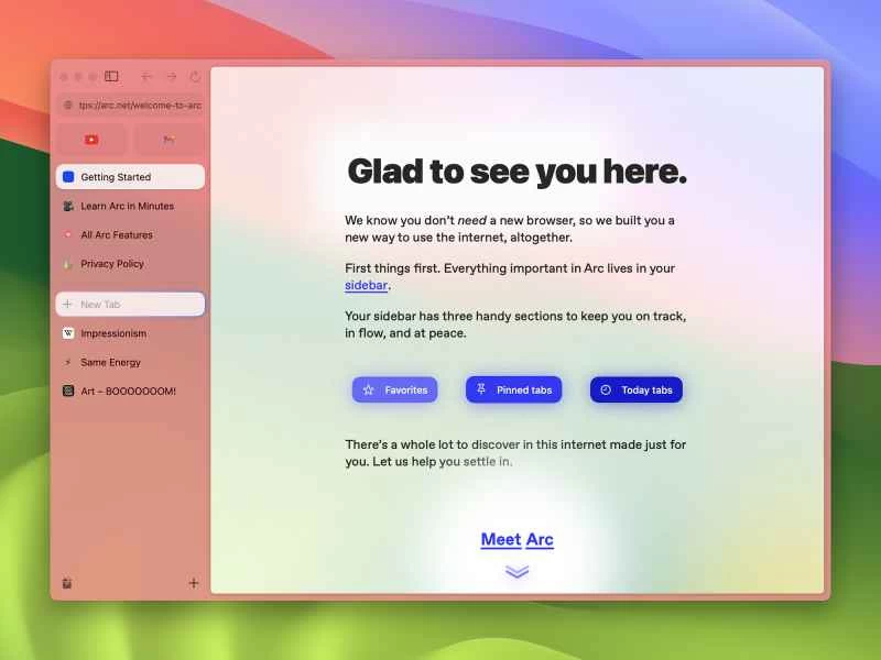 在進行 Arc 瀏覽器設定過程時顯示的歡迎畫面。