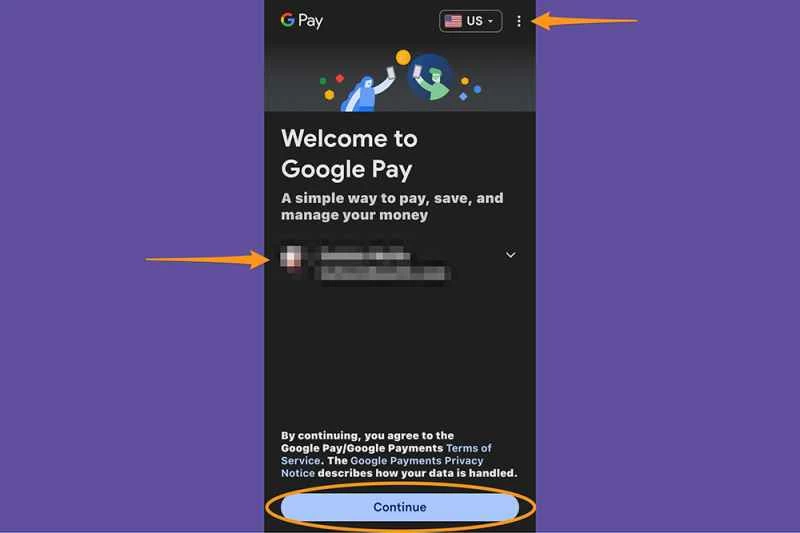 Google Pay 應用程式在設定過程中會顯示選擇國家/地區的位置。