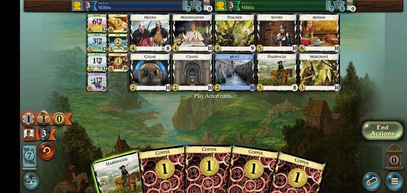 《Dominion》基礎遊戲中的早期遊戲手牌，顯示了民兵、放貸、工匠等角色的卡牌，以及你的分數統計。