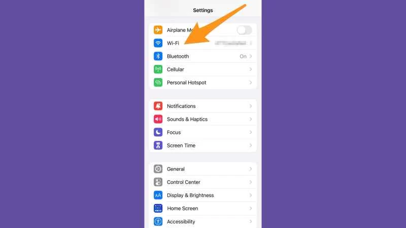 iOS 設定應用程式，顯示 Wi-Fi 選項的位置。