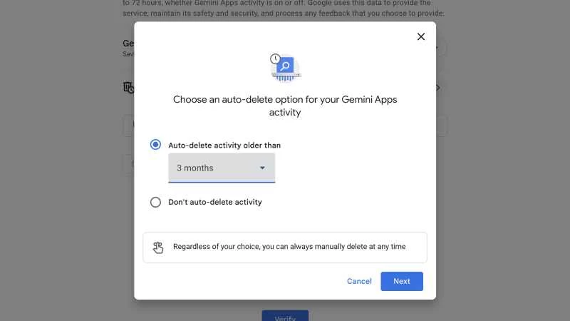 Gemini 中 Google 刪除選項的螢幕截圖