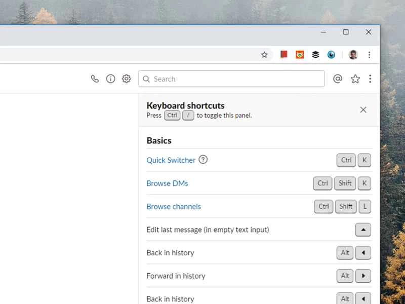 Slack快捷鍵選項選單截圖