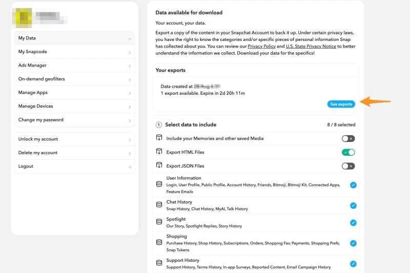 Snapchat 的資料下載介面。