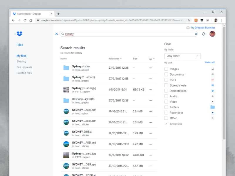 Dropbox 文件搜尋平台的螢幕截圖