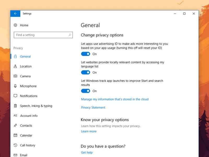 Windows 10 的隱私設定。