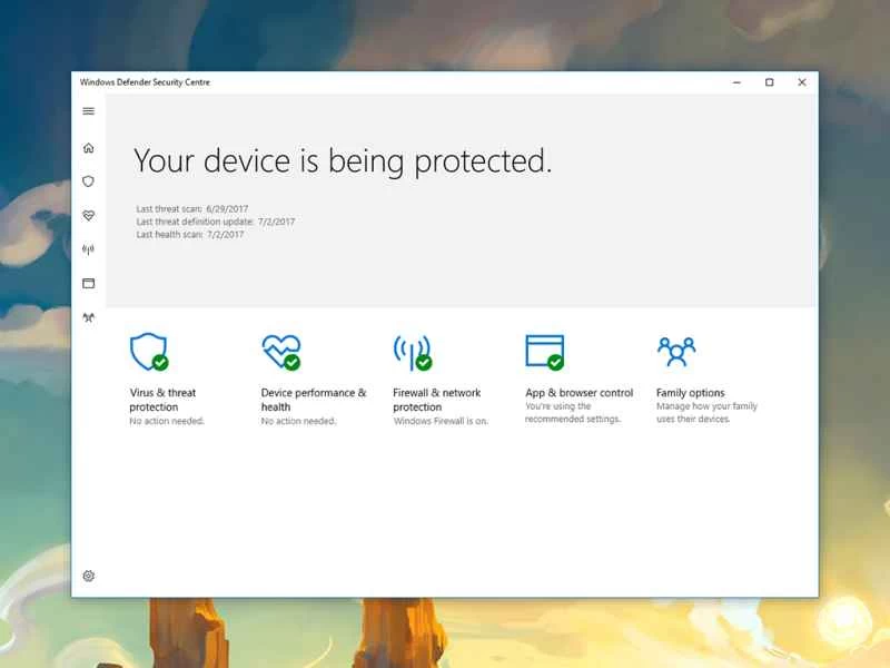Windows 10 上的 Windows Defender 窗口，顯示病毒威脅和防護以及其他因素。