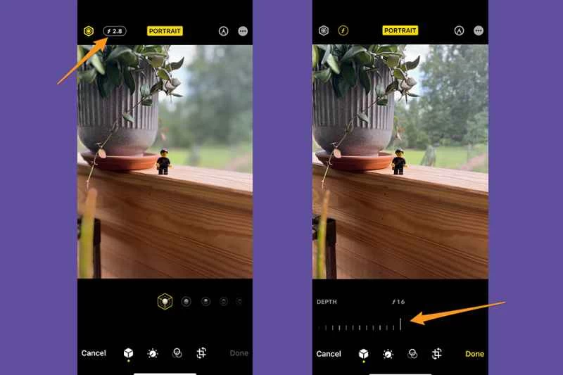 iPhone 照片套用處於編輯模式,顯示當您調整光圈設定時,照片的背景模糊程度如何降低。